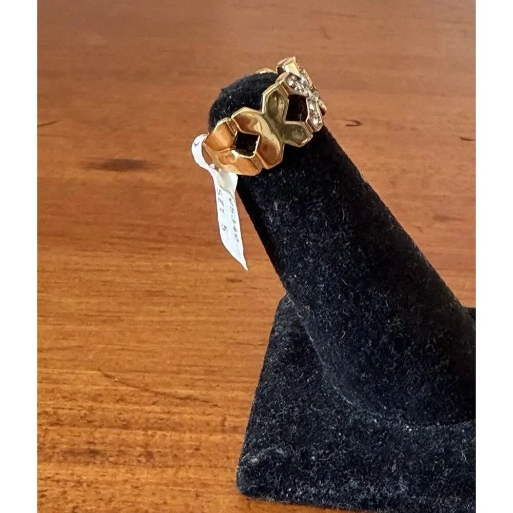 Vintage 18K HGE Gold Plated X Motif Austrian Crystal Ring Size 5 USA